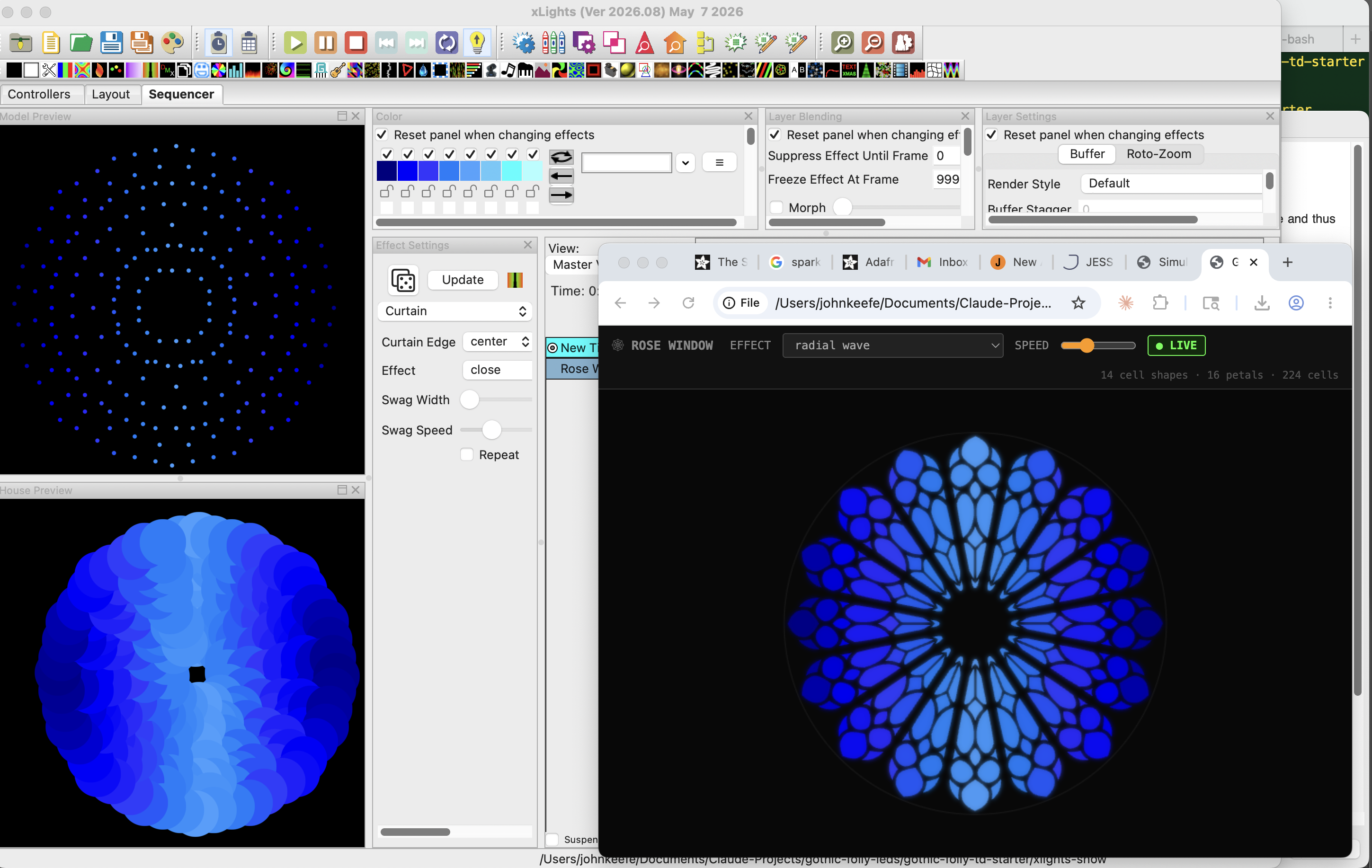 xLights Curtain effect on the rose window, live in the browser simulator