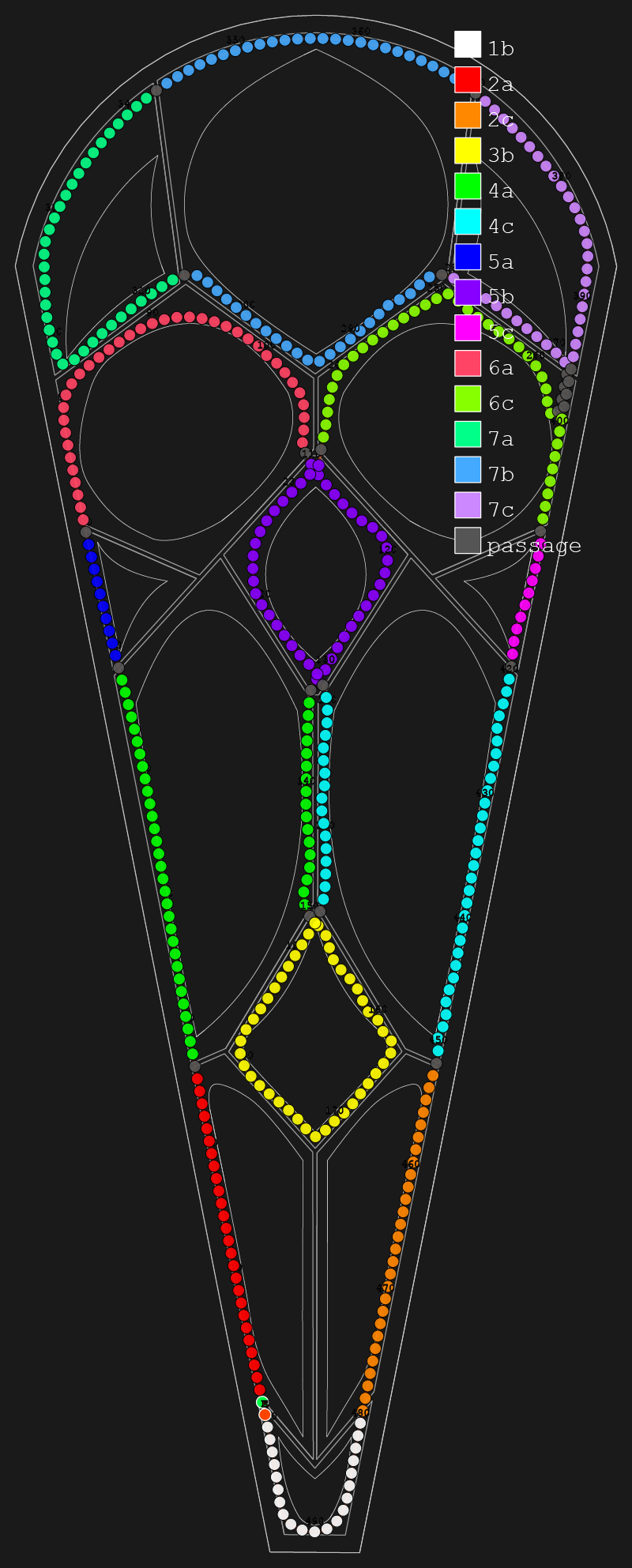 Petal LED mapping — 502 LEDs color-coded by cell